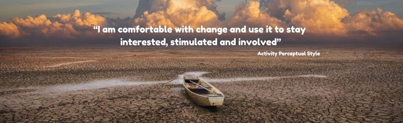 A boat marooned on a dry water bed with the quote: "I am comfortable with change and use it to stay interested, stimulated and involved." - Attributed to a person with the Activity Perceptual Style