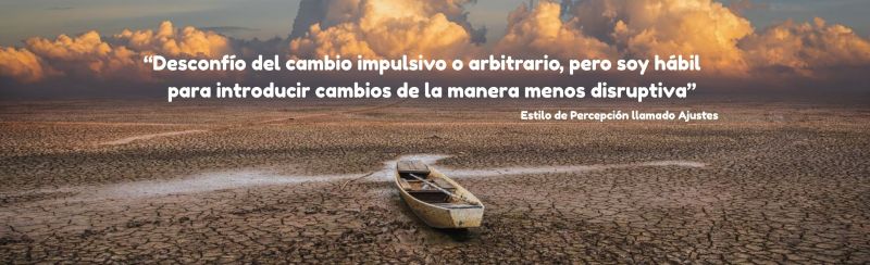 Un barco varado en un lecho de agua seco con la cita: e siento cómodo con el cambio y lo utilizo para mantenerme interesado, estimulado e involucrado – Atribuido a una persona con el estilo de Percepción llamado Ajustes