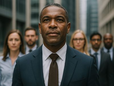 Confident man leading his direct reports, representing confident and inspiring leadership