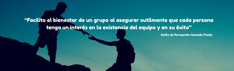 Silueta de una persona ayudando a otra a subir una pendiente con la cita: "Facilito el bienestar de un grupo al asegurar sutilmente que cada persona tenga un interés en la existencia del equipo y en su éxito" - Atribuido a una persona con el Estilo de Percepción llamado Fluido