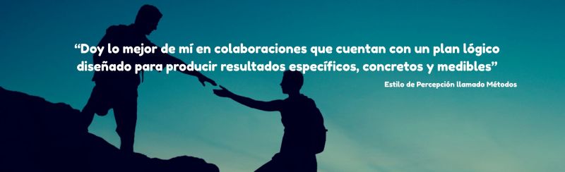 Silueta de una persona ayudando a otra a subir una pendiente con la cita: "Doy lo mejor de mí en colaboraciones que cuentan con un plan lógico diseñado para producir resultados específicos, concretos y medibles" - Atribuido a una persona con el Estilo de Percepción llamado Visión