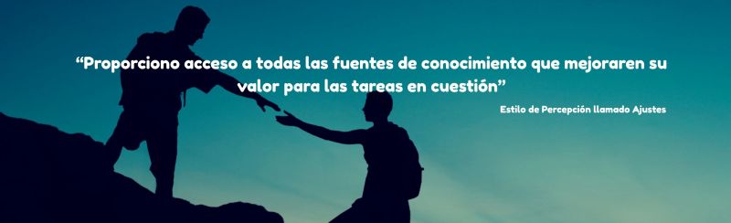 Silueta de una persona ayudando a otra a subir una pendiente con la cita: "Mi entusiasmo infunde energía a los demás, y sugiero nuevas formas de abordar tareas o problemas rutinarios que resultan en alternativas creativas" - Atribuido a una persona con el Estilo de Percepción llamado Ajustes