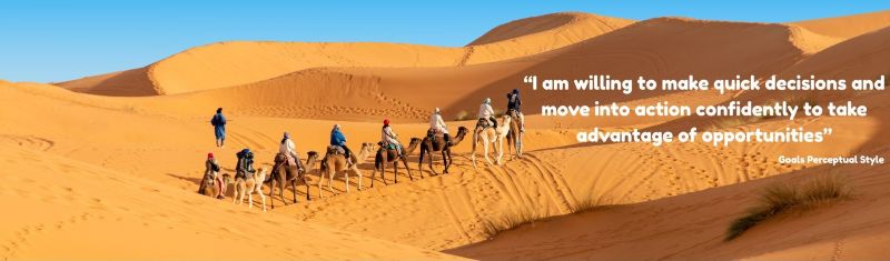 a caravan trekking through the desert with the quote: "I am willing to make quick decisions and move into action confidently to take advantage of opportunities" - Attributed to an Goals Perceptual Style person.