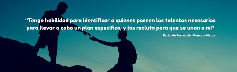 Silueta de una persona ayudando a otra a subir una pendiente con la cita: "Tengo habilidad para identificar a quienes poseen los talentos necesarios para llevar a cabo un plan específico, y los recluto para que se unan a mí" - Atribuido a una persona con el Estilo de Percepción llamado Metas