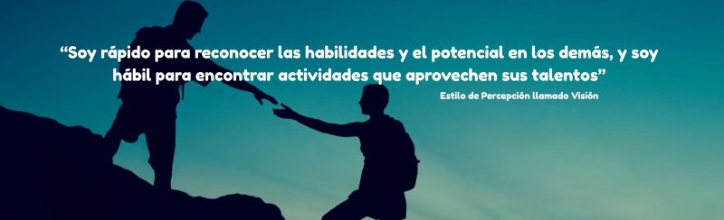 Silueta de una persona ayudando a otra a subir una pendiente con la cita: "Soy rápido para reconocer las habilidades y el potencial en los demás, y soy hábil para encontrar actividades que aprovechen sus talentos" - Atribuido a una persona con el Estilo de Percepción llamado Visión