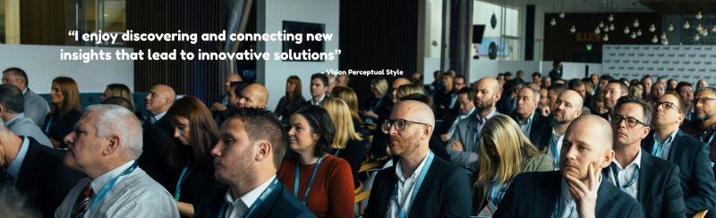 A group of people attending a business seminar and the quote: "I enjoy discovering and connecting new insights that lead to innovative solutions" Attributed to a person with the Goals Perceptual Style