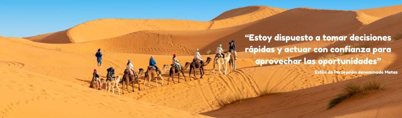 Una caravana recorriendo el desierto con la cita: 'Estoy dispuesto a tomar decisiones rápidas y actuar con confianza para aprovechar las oportunidades' - Atribuido a una persona con el Estilo de Percepción denominado Metas