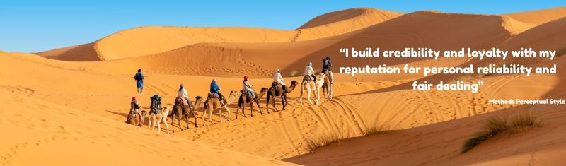 a caravan trekking through the desert with the quote: "I build credibility and loyalty with my reputation for personal reliability and fair dealing" - Attributed to a person with the Methods Perceptual Style.