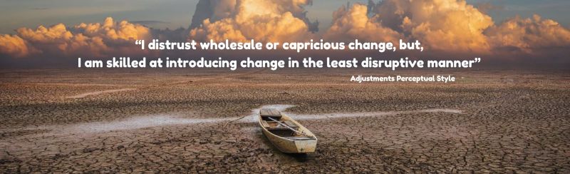 A boat marooned on a dry water bed with the quote: "I experience change as a significant disruption to harmony and cooperation " - Attributed to a person with the Flow Perceptual Style
