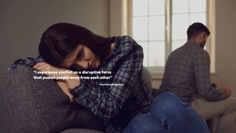 Picture of a couple in conflict and the quote: "I experience conflict as a disruptive force that pushes people away from each other" - Attributted to a person with the Flow Perceptual Style