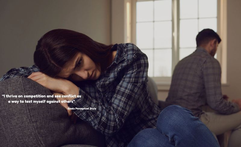 image of a couple in conflict and the quote: "I thrive on competition and see conflict as a way to test myself aginst others" - Attributted to a person with the Goals Perceptual Style